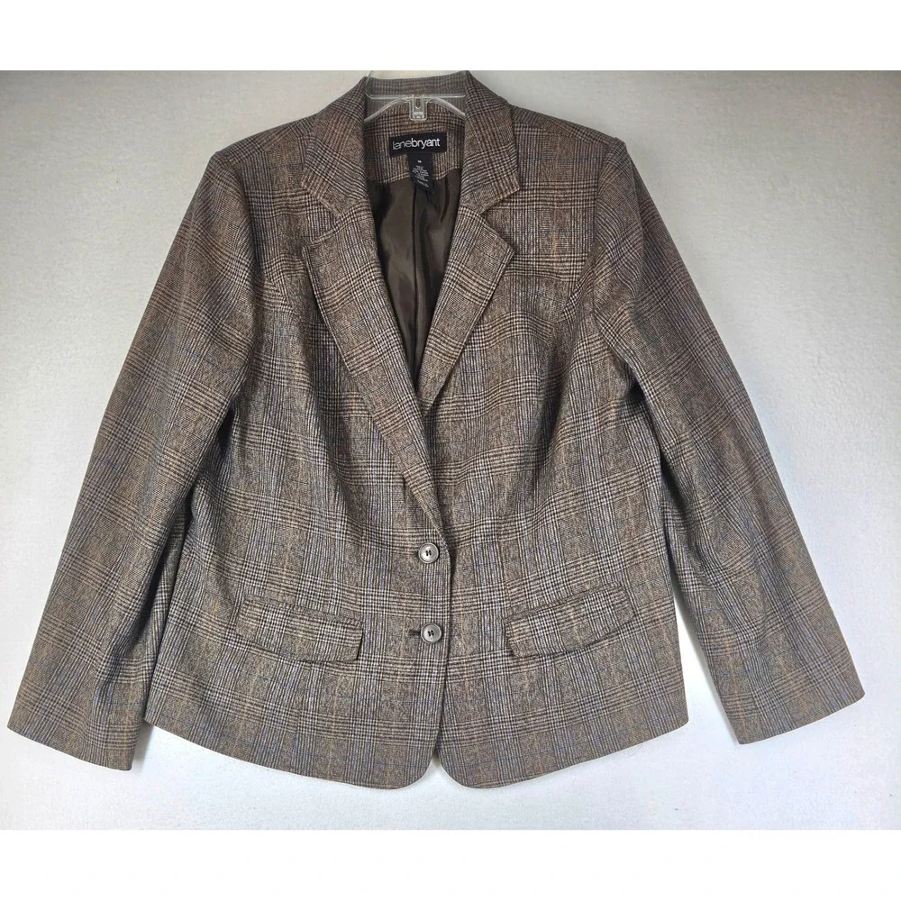 Lane Bryant Brown Plaid Blazer Jacket Womens 16 Two Button Lined Career Office